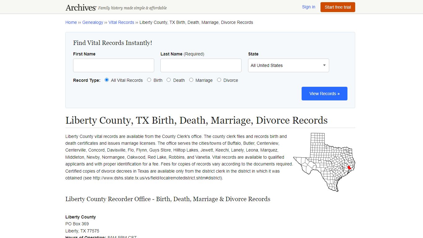 Liberty County, TX Birth, Death, Marriage, Divorce Records - Archives.com